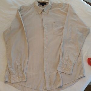 Tommy Hilfiger tan stripe cotton button down long sleeve shirt preppy xl